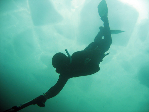 Underwater shot of René going for the bottom